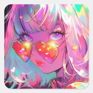 Anime Girl Hearts Square Sticker