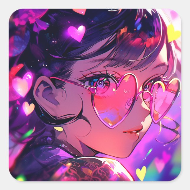 Anime Girl Hearts Square Sticker (Front)