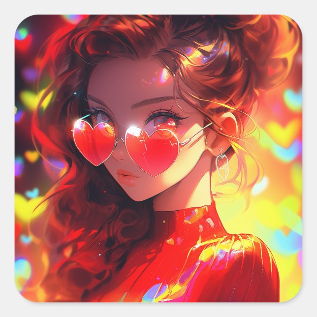 Anime Girl Hearts Square Sticker (Front)