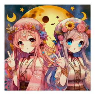 Anime Girl Hippie Moon Girls Giving Peace Sign