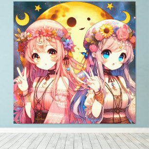 Anime Girl Hippie Moon Girls Giving Peace Sign