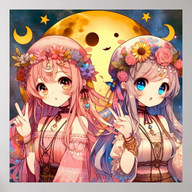 Anime Girl Hippie Moon Girls Giving Peace Sign (Front)