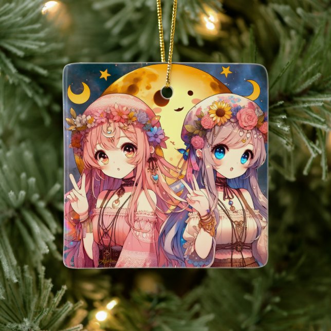 Anime Girl Hippie Moon Girls Giving Peace Sign Ceramic Ornament (Tree)