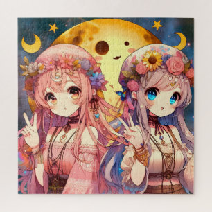 Anime Girl Hippie Moon Girls Giving Peace Sign Jigsaw Puzzle