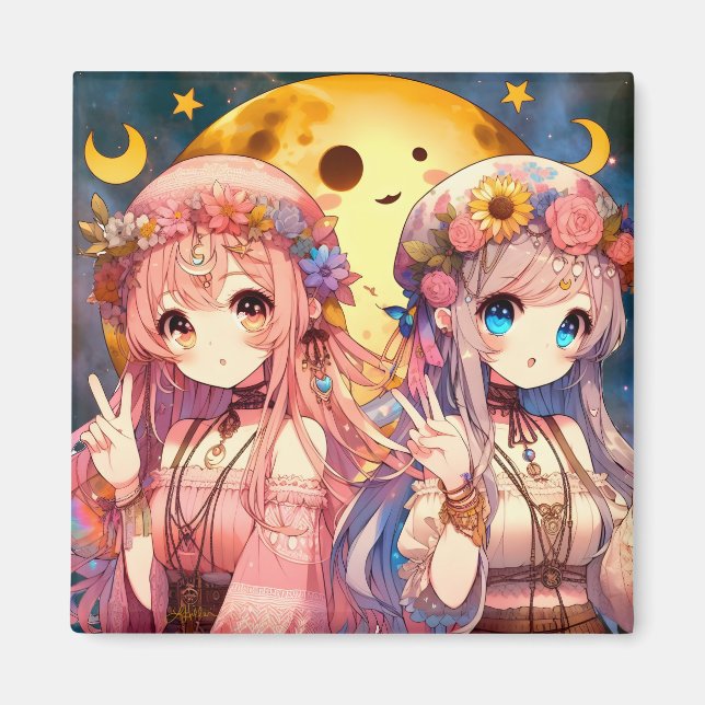 Anime Girl Hippie Moon Girls Giving Peace Sign Magnet (Front)