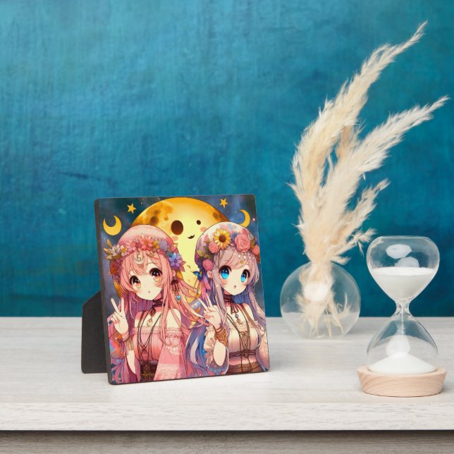 Anime Girl Hippie Moon Girls Giving Peace Sign Plaque (Insitu)