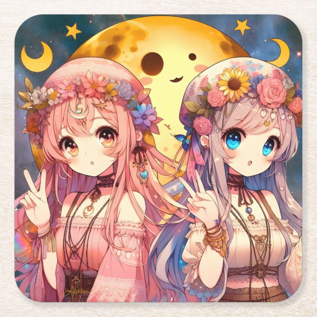 Anime Girl Hippie Moon Girls Giving Peace Sign Square Paper Coaster (Front)