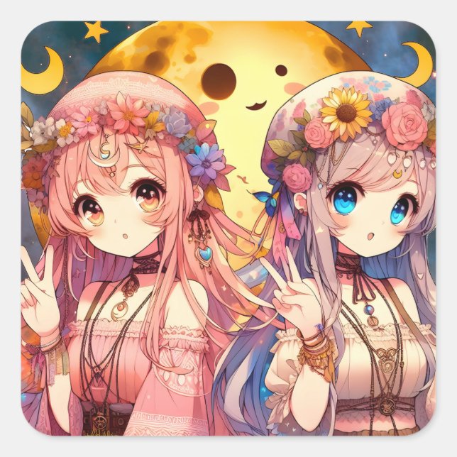 Anime Girl Hippie Moon Girls Giving Peace Sign Square Sticker (Front)