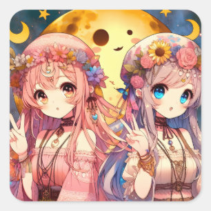 Anime Girl Hippie Moon Girls Giving Peace Sign Square Sticker