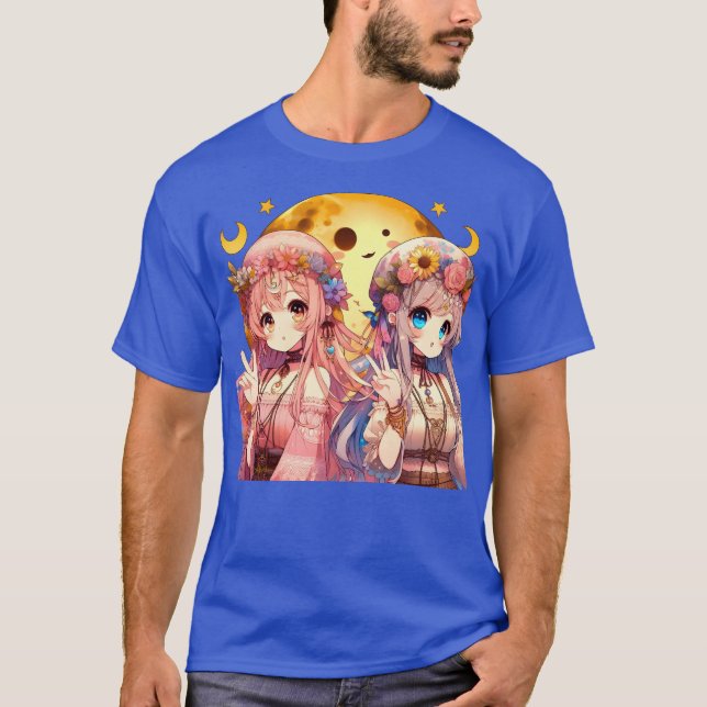 Anime Girl Hippie Moon Girls Giving Peace Sign T-Shirt (Front)