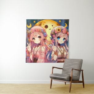 Anime Girl Hippie Moon Girls Giving Peace Sign Tapestry