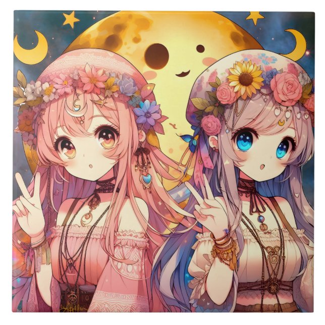 Anime Girl Hippie Moon Girls Giving Peace Sign Tile (Front)