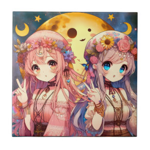 Anime Girl Hippie Moon Girls Giving Peace Sign Tile