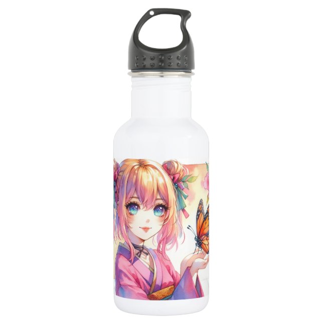 Anime Girl Holding a Butterfly 532 Ml Water Bottle (Front)