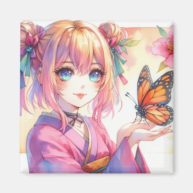 Anime Girl Holding a Butterfly Ai Art Magnet (Front)