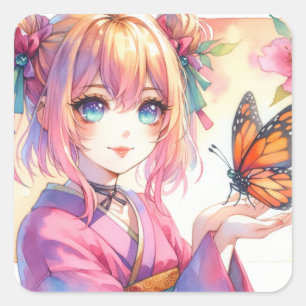 Anime Girl Holding a Butterfly Ai Art Square Sticker