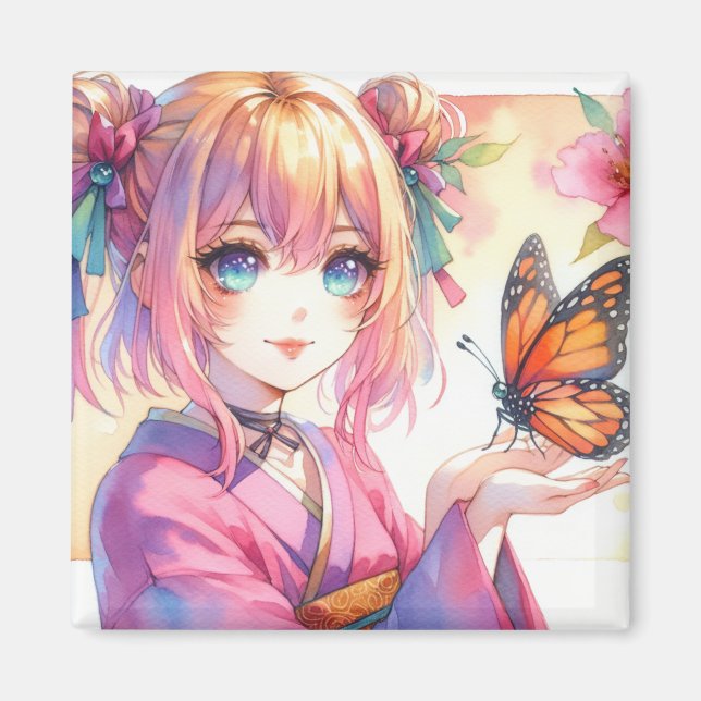 Anime Girl Holding a Butterfly Magnet (Front)