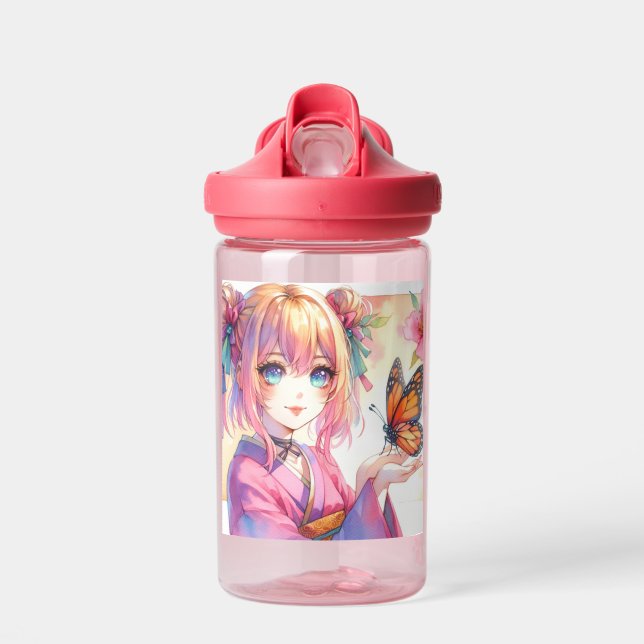 Anime Girl Holding a Butterfly Personalised Water Bottle (Front)