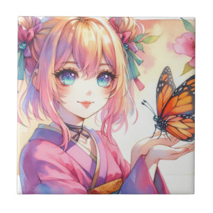 Anime Girl Holding a Butterfly Tile