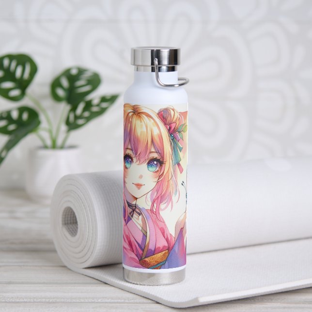 Anime Girl Holding a Butterfly Water Bottle (Yoga)