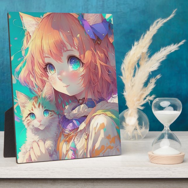 Anime Girl Holding an Adorable Kitten Plaque (Side)