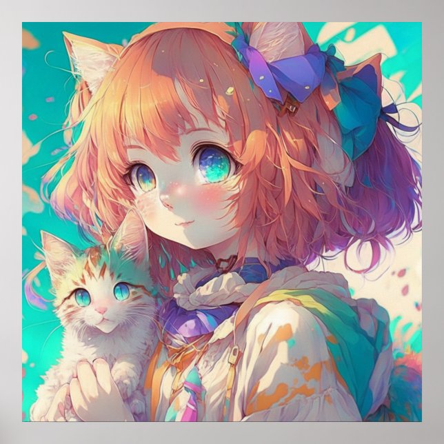 Anime Girl Holding an Adorable Kitten Poster (Front)