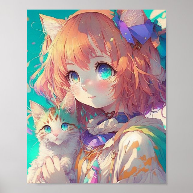 Anime Girl Holding an Adorable Kitten Poster (Front)