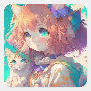 Anime Girl Holding an Adorable Kitten Square Sticker