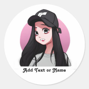 Anime Girl in Black Cap Personalised  Classic Round Sticker