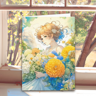 Anime Girl in Flowers Thinking About You Card