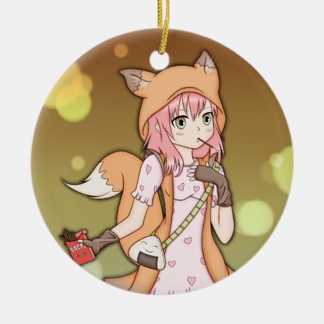 Anime Girl in Fox Cosplay Ceramic Tree Decoration (Front)