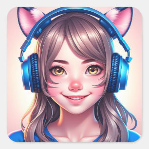Anime Girl in Gaming or Music Headphones Square Sticker