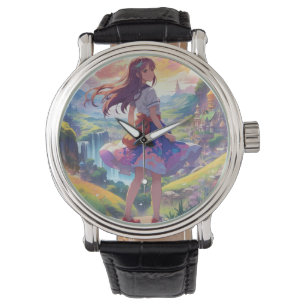 Anime Girl in Landscape Round Clock Watch
