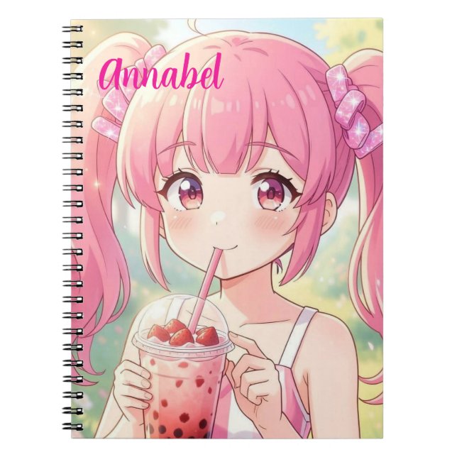 Anime Girl in Pink Drinking Bubble Tea Personalise Notebook (Front)