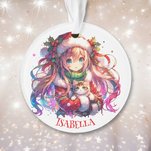 Anime Girl in Santa Hat Watercolor Christmas Ornament (Creator Uploaded)
