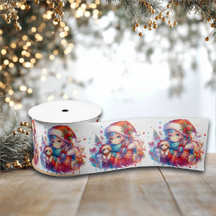 Anime Girl in Santa Hat Watercolor Christmas Satin Ribbon