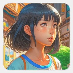 Anime Girl in the City Colorful Artsy Square Sticker