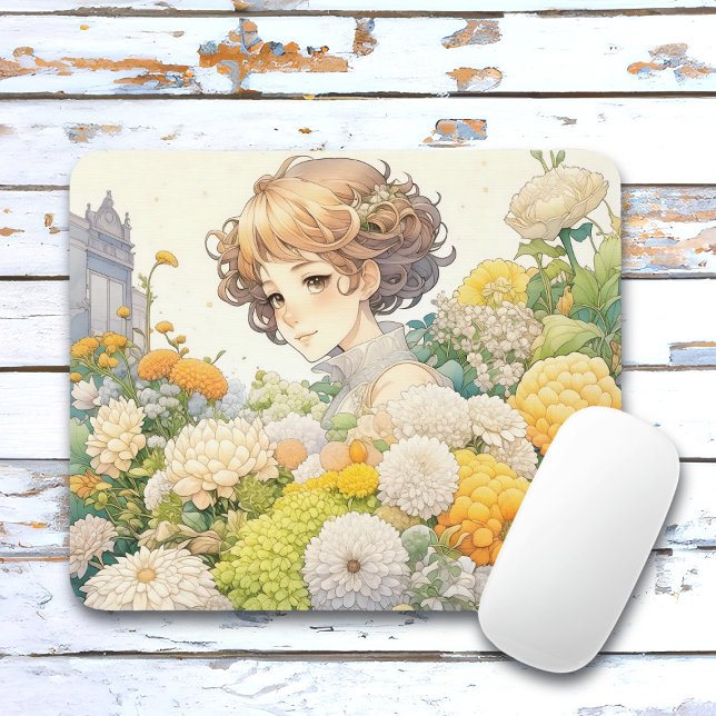 Anime Girl in Yellow Flowers  Mouse Mat (Creator Uploaded)