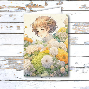 Anime Girl in Yellow Flowers Personalised Birthday Card