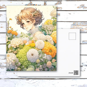 Anime Girl in Yellow Flowers Personalised Birthday Postcard