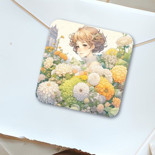 Anime Girl in Yellow Flowers Square Sticker (Creator Uploaded)