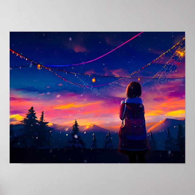 Anime Girl looking at the Sky Print Poster (Front)