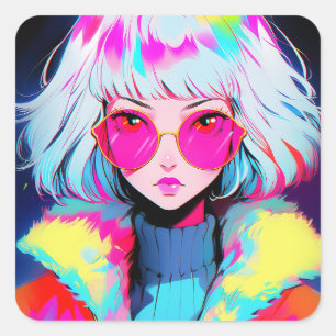 Anime Girl Modern Colourful Art Square Sticker