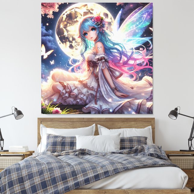 Anime Girl Moon Fairy Princess in Garden Canvas Print (Insitu(Bedroom))
