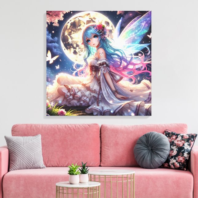 Anime Girl Moon Fairy Princess in Garden Canvas Print (Insitu(LivingRoom))