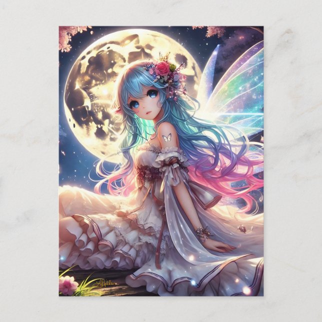 Anime Girl Moon Fairy Princess in Garden Postcard (Front)