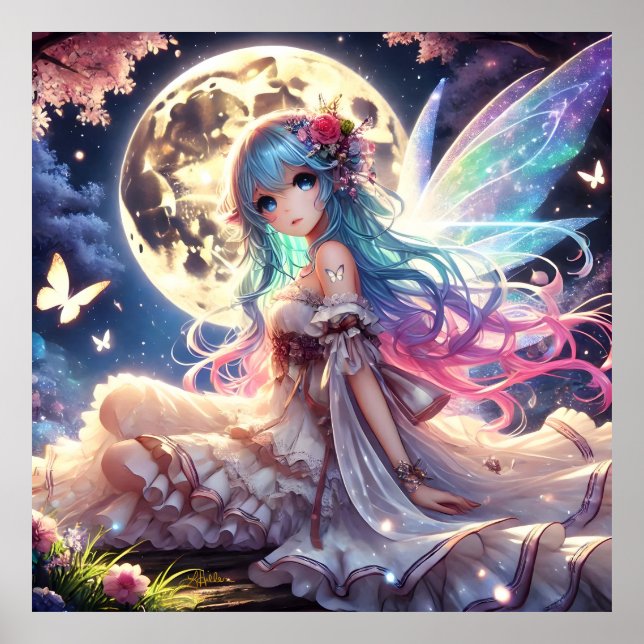 Anime Girl Moon Fairy Princess in Garden Poster (Front)