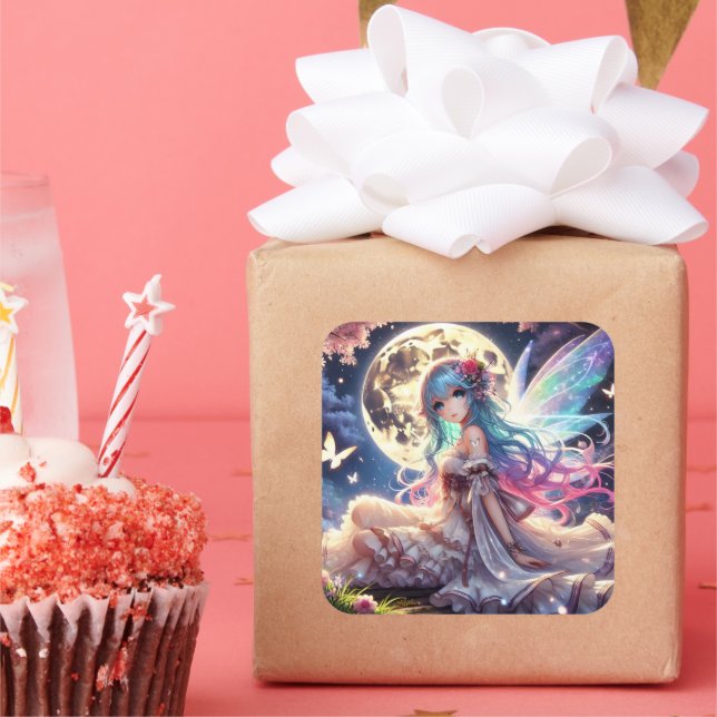 Anime Girl Moon Fairy Princess in Garden Square Sticker (Party)