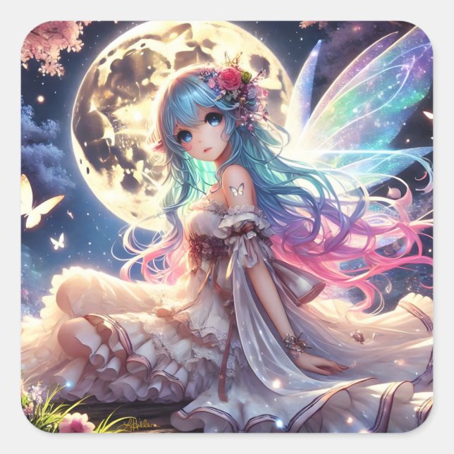 Anime Girl Moon Fairy Princess in Garden Square Sticker (Front)