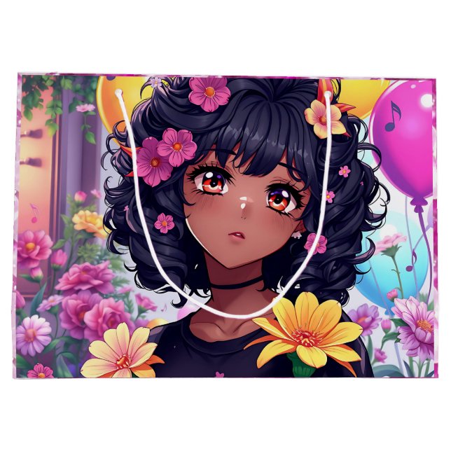 Anime Girl of Colour Birthday Large Gift Bag (Back)